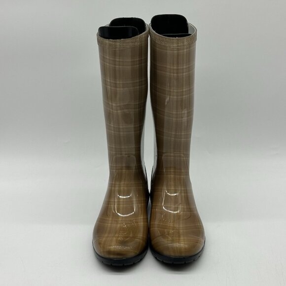 UGG Shaye Tan Clear Plaid Waterproof Rubber Tall Rain Boots - Women's Size 7 - Picture 3 of 11